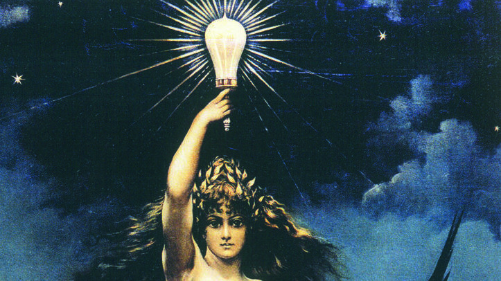 Der Bildausscdhnitt zeigt die Glühbinre - hochgehalten von der "Göttin des Lichts" Elektra