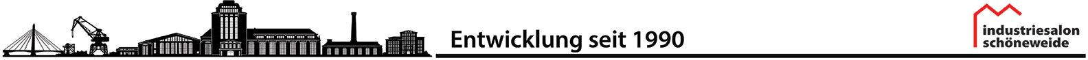 Industrieskyline mit Text und Logo des Industriesalons Schöneweide