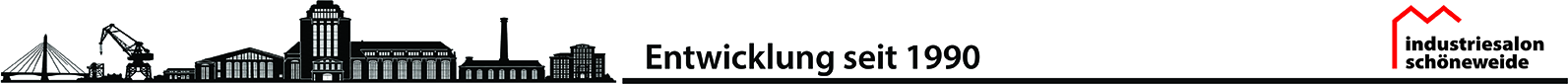Industrieskyline mit Text und Logo des Industriesalons Schöneweide