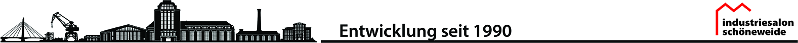 Industrieskyline mit Text und Logo des Industriesalons Schöneweide