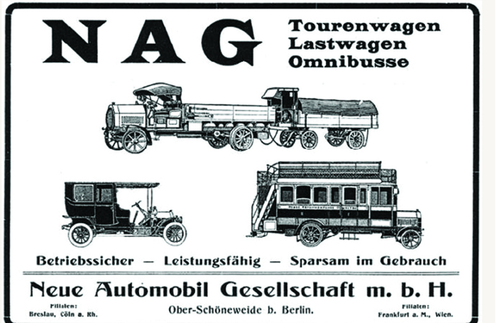 Historische NAG-Anzeige für Tourenwagen, Lastwagen und Omnibusse
